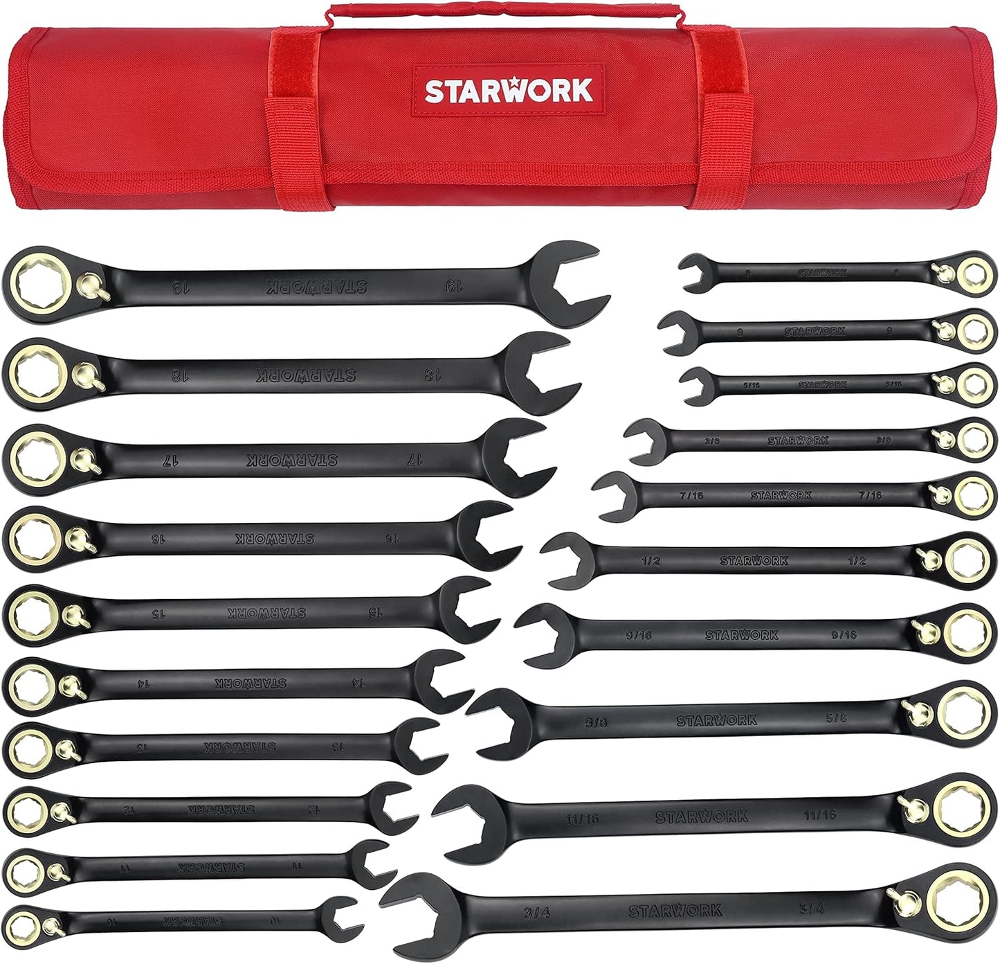 TRUE MECHANIC™ 20 Pc. 120T Reversible Ratcheting Combination Wrench Set, Long Pattern, SAE, Metric, Professional, With Portable Roll-Up Pouch Bag