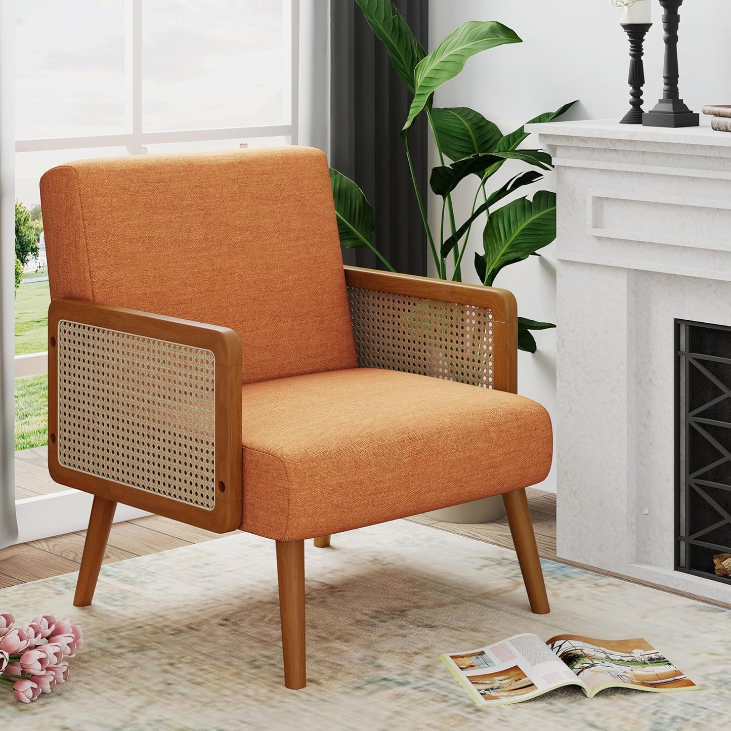 Yongqiang Orange Accent Chairs Set of 2, Natural Rattan Upholstered Arm Chairs for Bedroom Living Room Side Chairs Linen Comfy Reading Chair