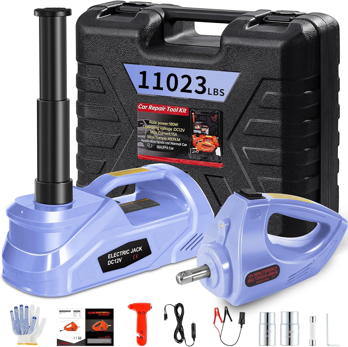[EFN Clearance] Electric Car Jack Kit with Impact Wrench, 5 Ton/11023 LBS 12V Electric Hydraulic Jack with Lifting Range: 6.1~17.7in, Safety Hammer for Tesla SUV MPV Sedan Truck Tire Change (Gray)
