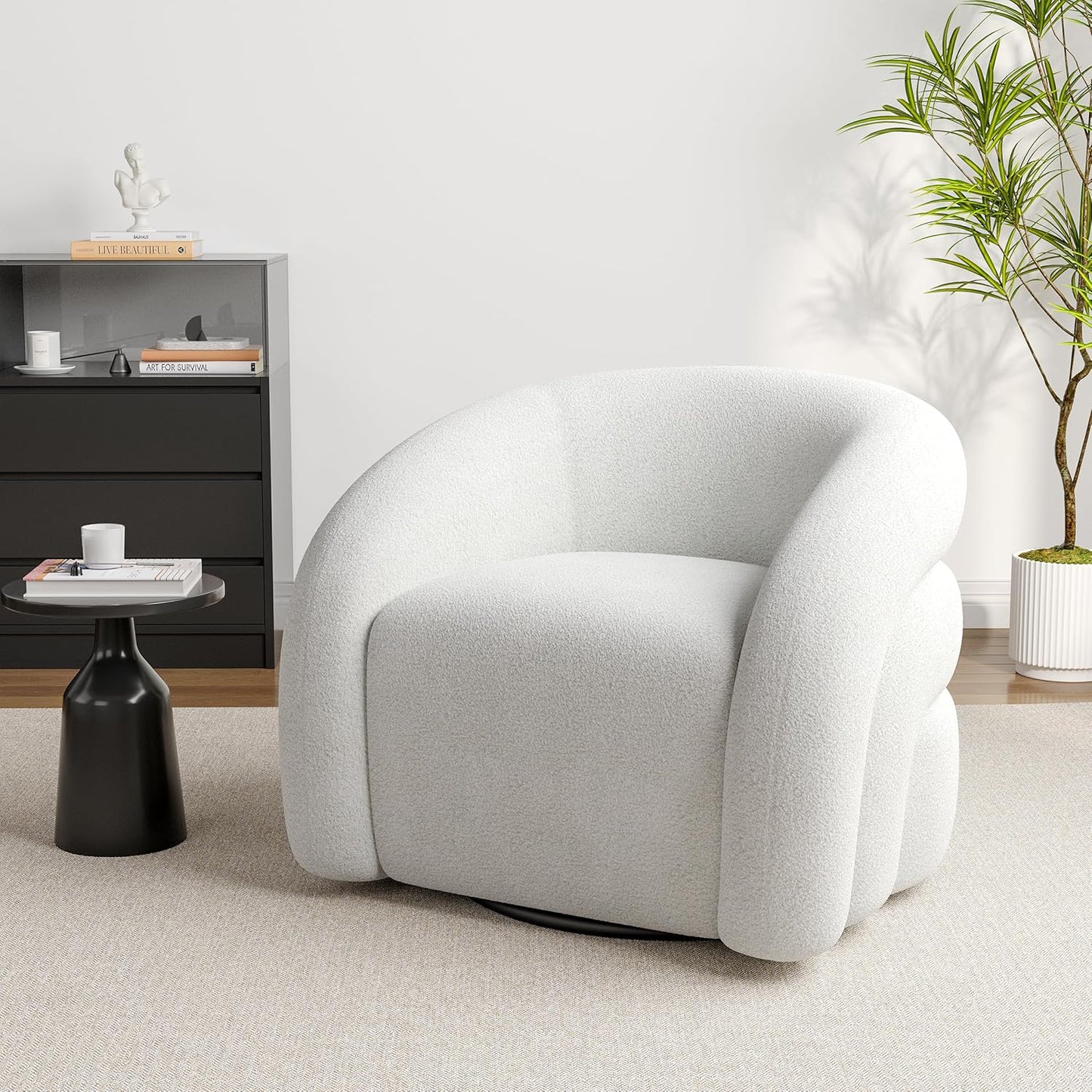 UIXE Swivel Barrel Accent Chair, Boucle Upholstered Arm Chair for Living Room, Modern Round Armchair Comfy Reading Sofa Seat with Solid Metal Base, Fully Assembled - Gray