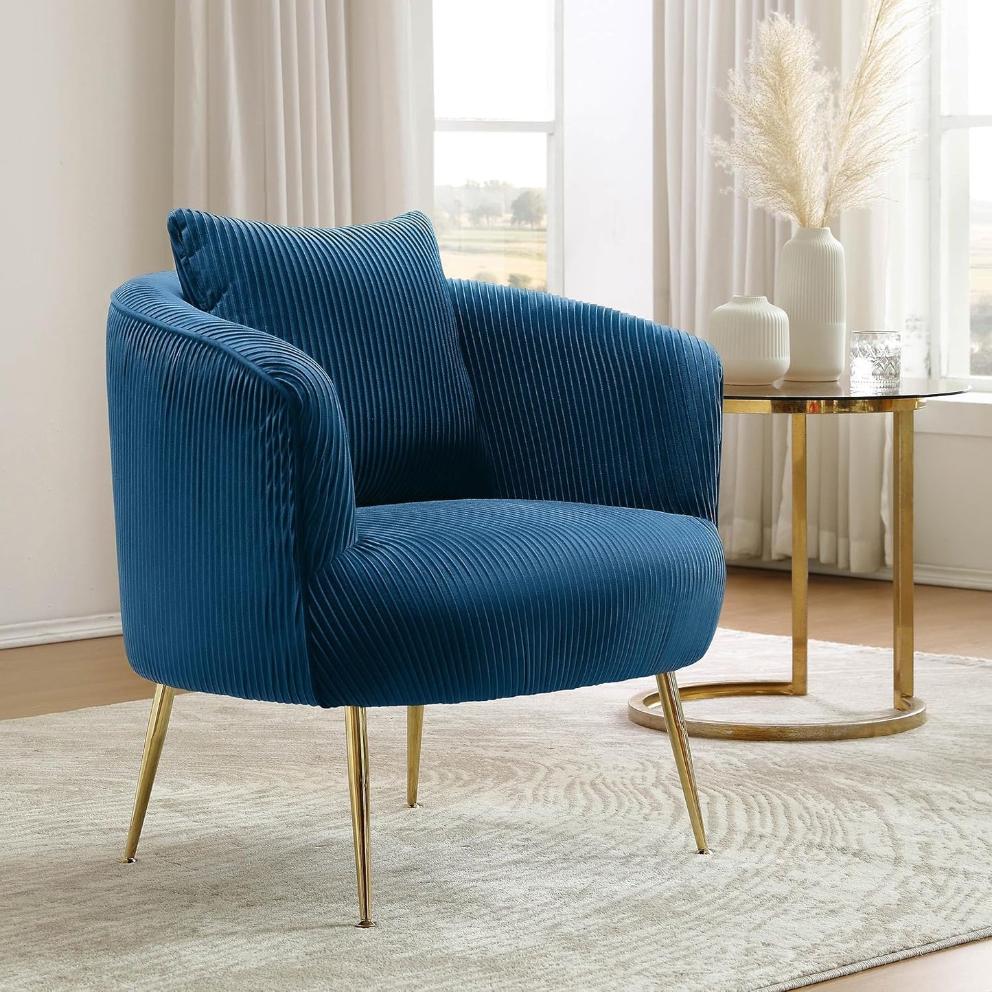 Art Leon Accent Chair Set of 2, Modern Velvet Upholstered Armchairs, Living Room Side Chairs Barrel Chairs with Golden Metal Legs, Off White