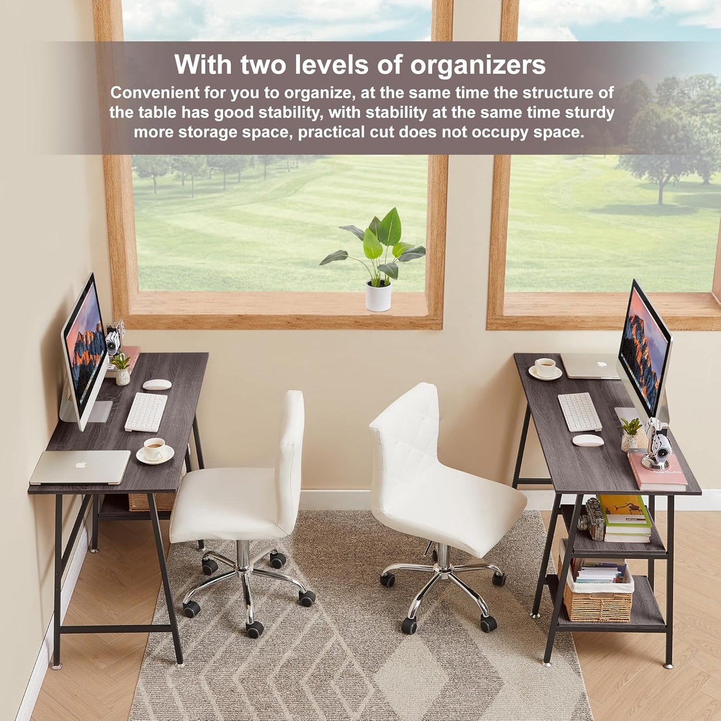 VECELO 43 Inch Computer Desk Writing Study Work Office Table Modern Desk with Shelves Wooden Desk for Home Bedroom,Brown Desk