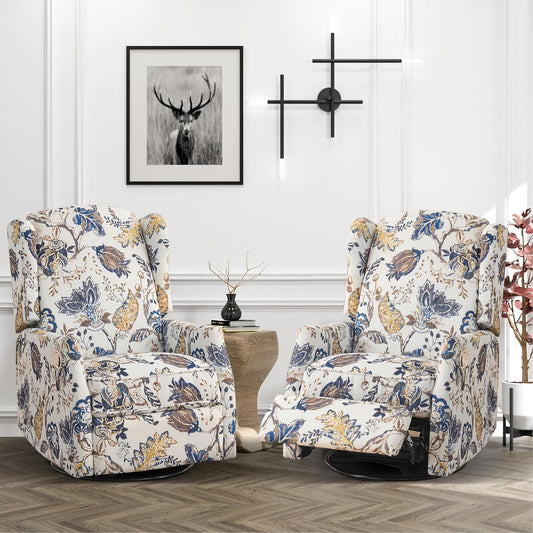 Swivel Rocker Recliner - Printed Modern Wingback Chair for Living Room, Nursery With Adjustable Backrest & Footrest, 360 Degree Swivel, Rocking, Blue Floral