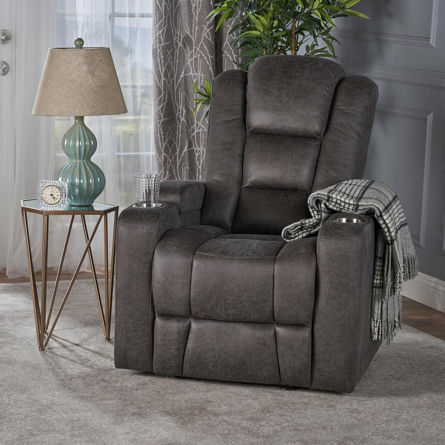 33" Wide Power Recliner Chair - Modern Recliner Chair with Arm Storage and USB, Reclining Sofa Chair for Adults, Overstuffed Cushions High Back Home Theater Seat for Living Room (Microfiber, Grey)
