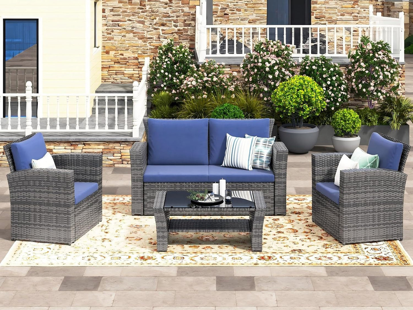 Wisteria Lane 4 Piece Patio Furniture Set, Wicker Outdoor Patio Conversation Furniture Set, All Weather Outdoor Patio Sofa with Cushion and Glass Table, Brown