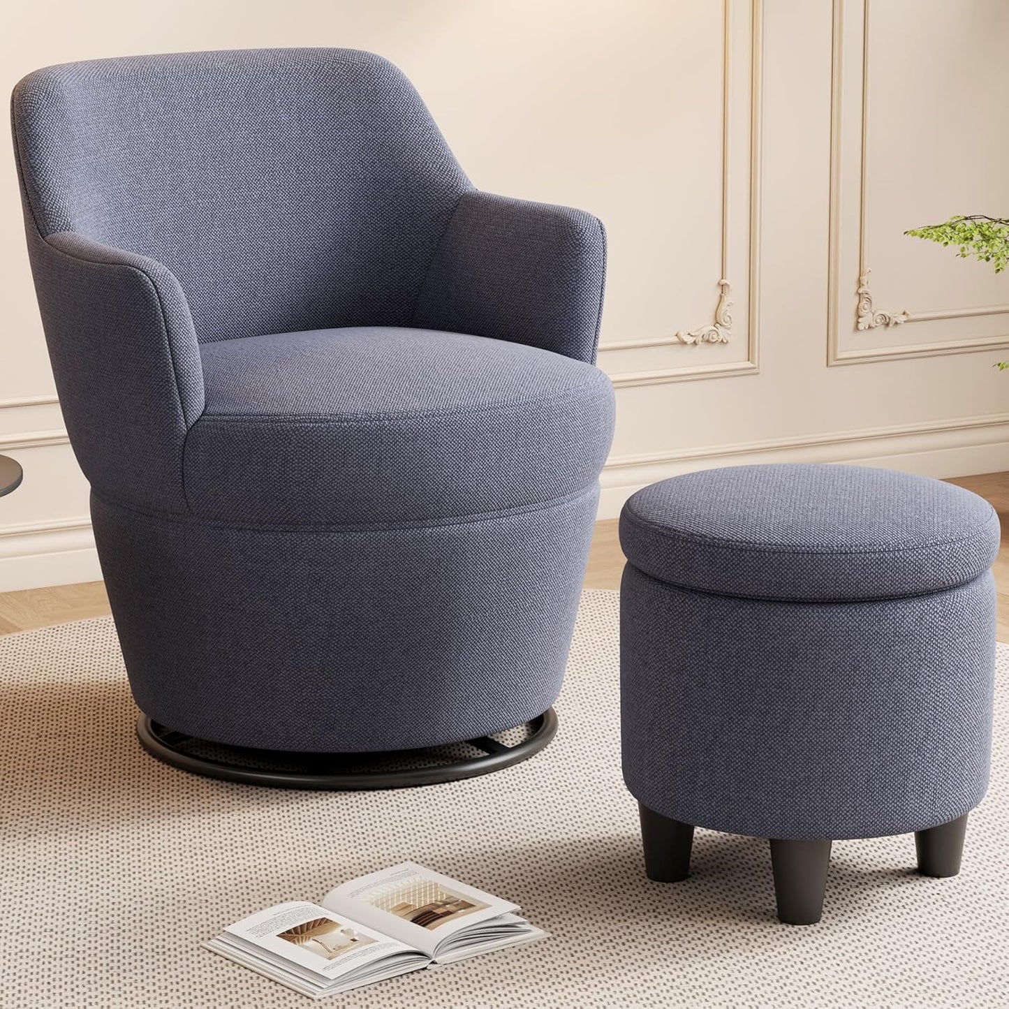 360° Swivel Accent Chair with Ottoman, Lounge Sofa with Nail Trim, Living Room Chairs, Bedroom Chair, Vanity Chair, Swivel Barrel Chair, Gray