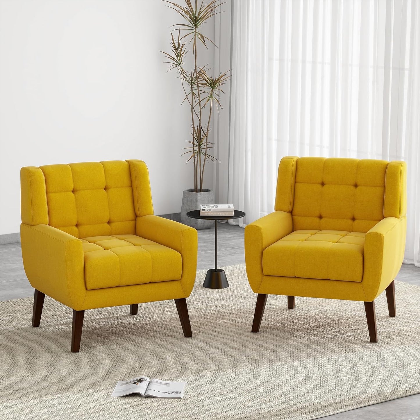 UIXE Accent Chairs Set of 2, Modern Upholstered Arm Chair in Fabric for Living Room, Comfy Armchair Single Sofa Seat with Solid Wooden Legs (Green)