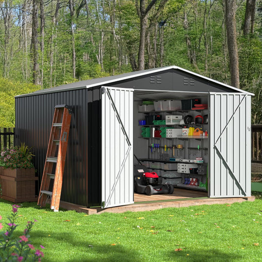 10x10 FT Outdoor Storage Shed, Garden Shed with Updated Frame Structure and Lockable Doors, Metal Tool Sheds for Backyard Garden Patio Lawn, Grey