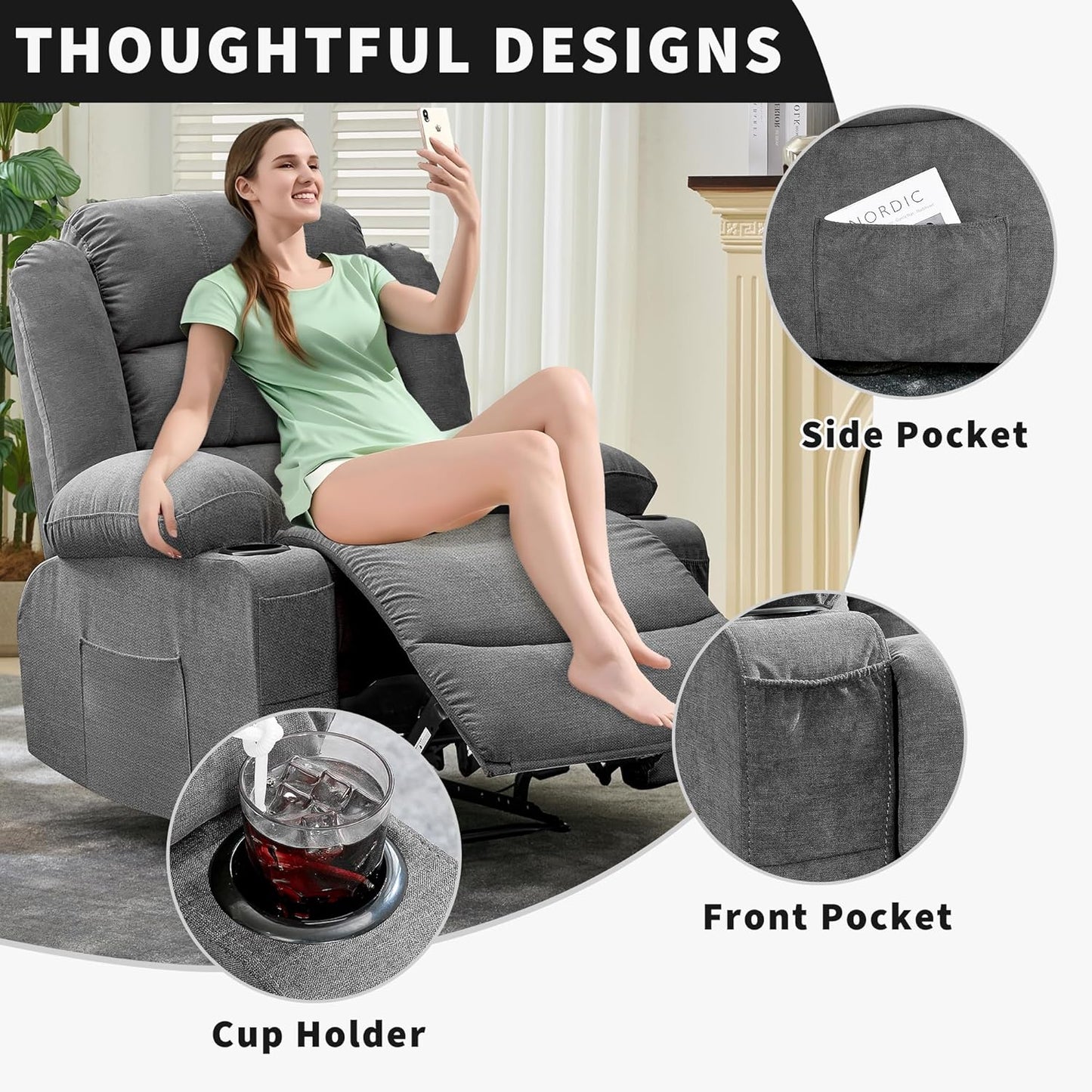 Wide Manual Recliner Chair for Adults – Widen Oversize Overstuffed Breathable Fabric Lounge Chair with 3 Angle Modes 2 Cup Holders Side Pockets