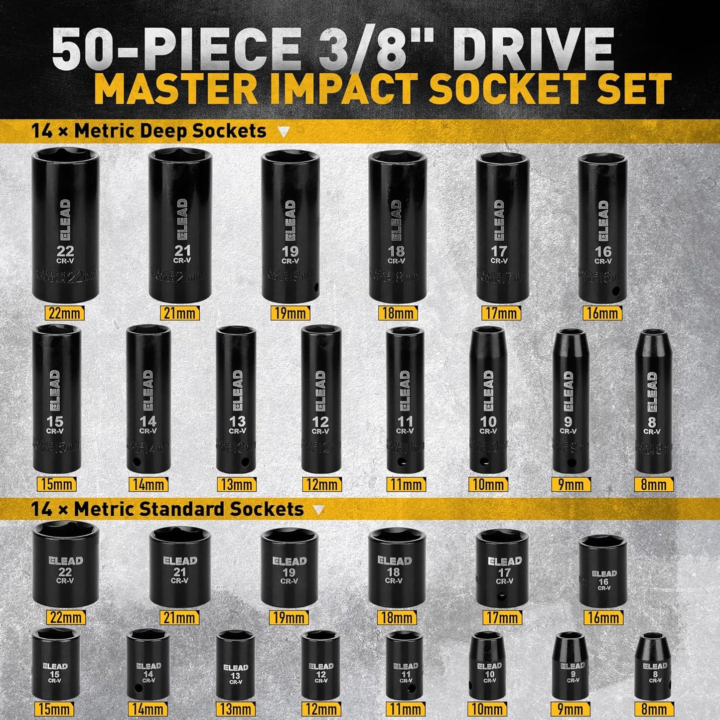3/8'' Drive Impact Socket Set - 50-Piece Shallow & Deep Socket Set Metric and Standard Full with Universal Joint, Extension Bar, 1/2 to 3/8 Reducer, Hex Shank Socket Adapter, Ratchet Handle
