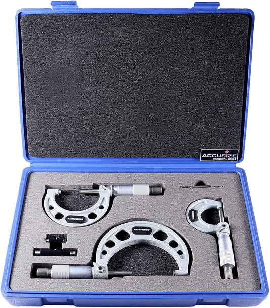 Accusize Industrial Tools 0-3 inch x .0001'' Ultra-Precision M-Type Outside Micrometers Carbide Tipped 3 Pc Set, EG00-0903