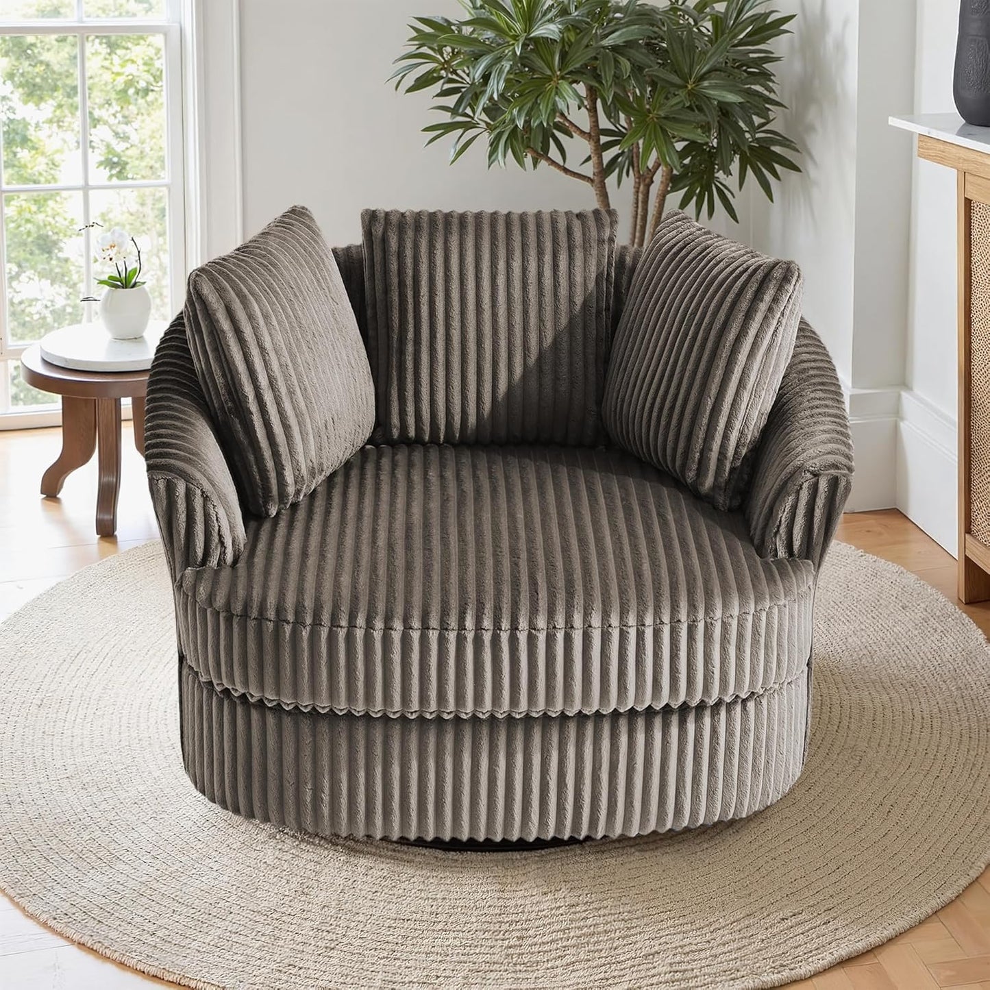UIXE 43" W Oversized Swivel Accent Chair, Faux Fur Round Barrel Chair Comfy Upholstered Armchair for Living Room, Chaise Lounge Indoor Single Sofa Reading Seat - Dark Camel
