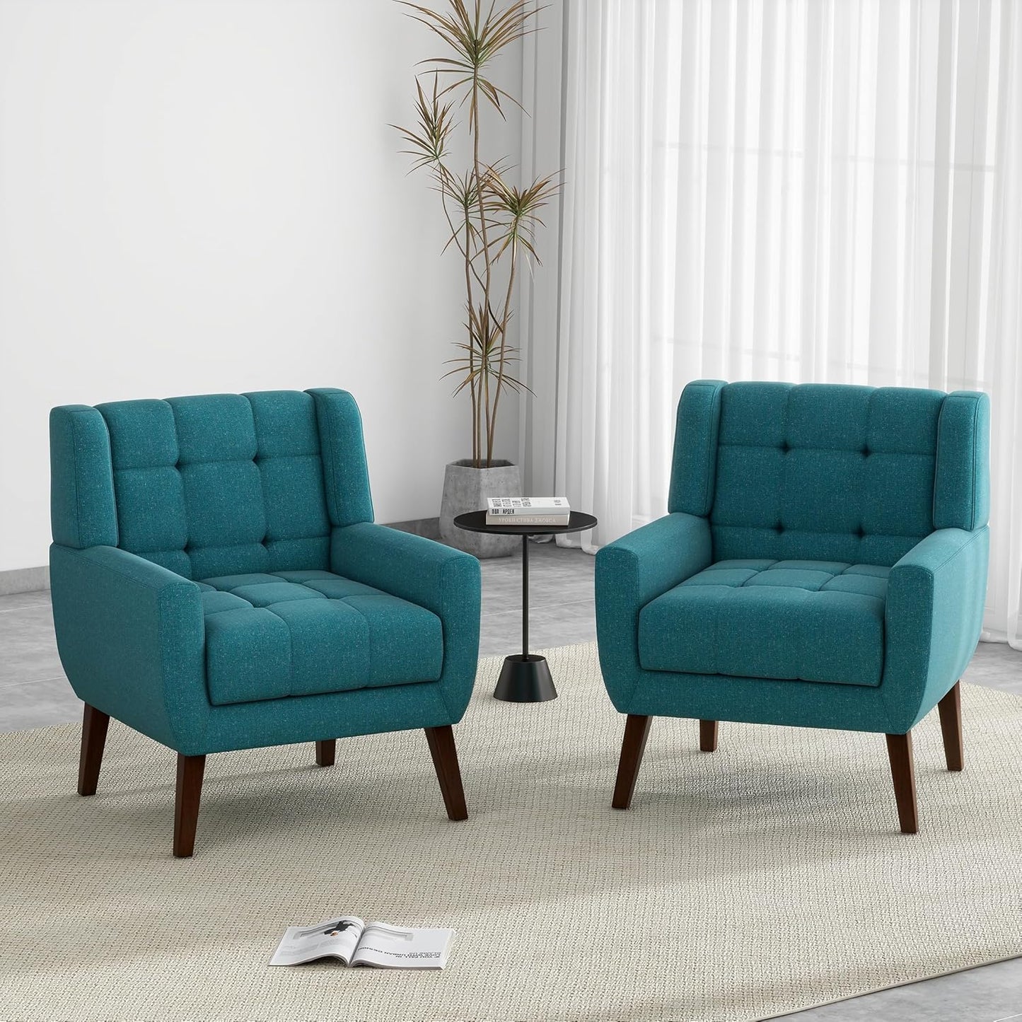 UIXE Accent Chairs Set of 2, Modern Upholstered Arm Chair in Fabric for Living Room, Comfy Armchair Single Sofa Seat with Solid Wooden Legs (Green)