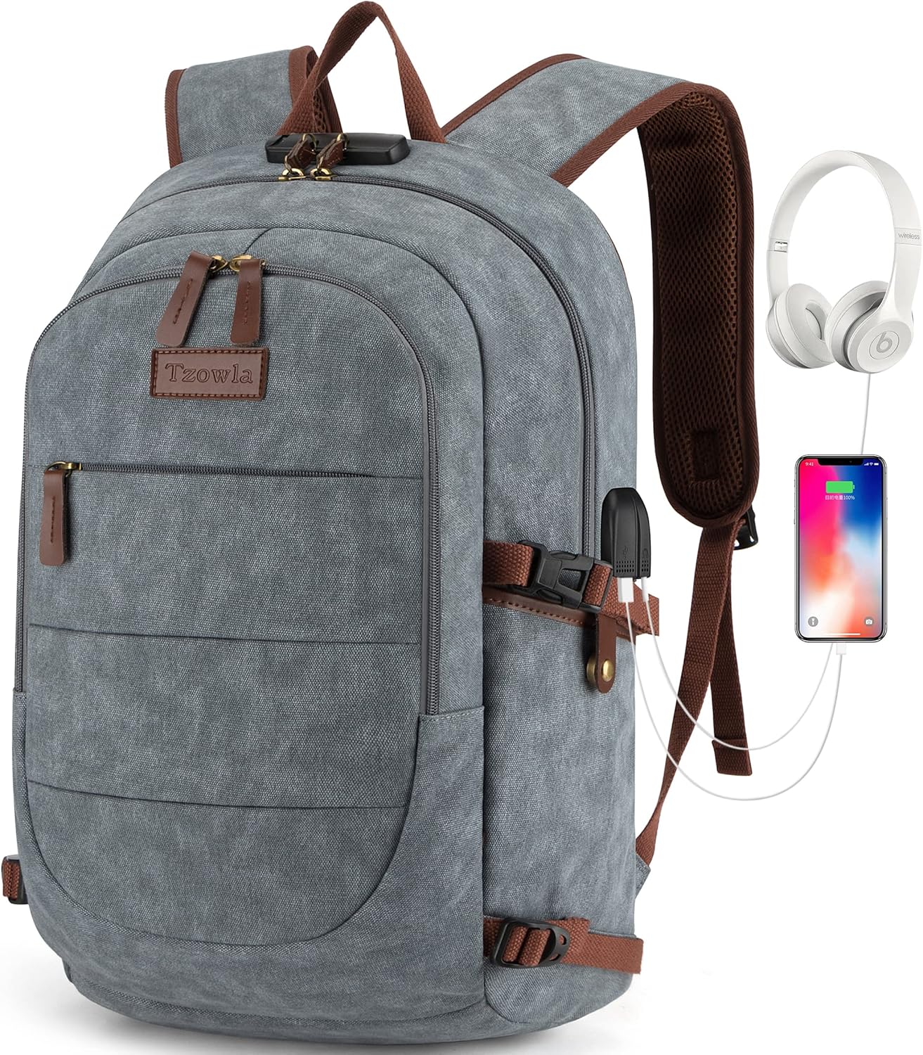 Tzowla Anti-Theft Water Resistant 17.3 Inch Laptop Backpack with USB Charging Port and Lock, Black