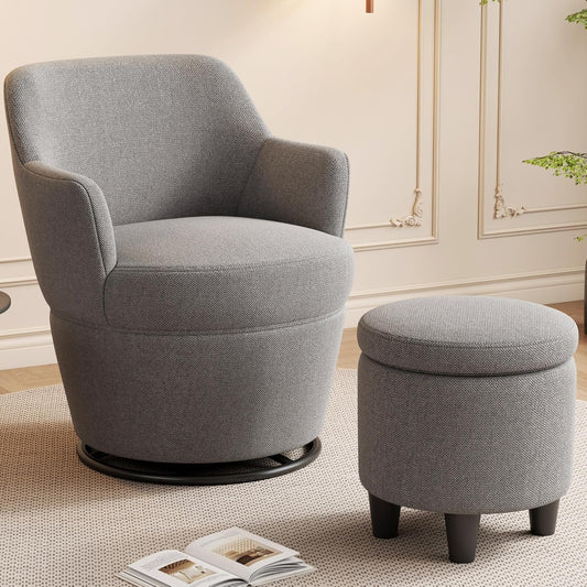 360° Swivel Accent Chair with Ottoman, Lounge Sofa with Nail Trim, Living Room Chairs, Bedroom Chair, Vanity Chair, Swivel Barrel Chair, Gray