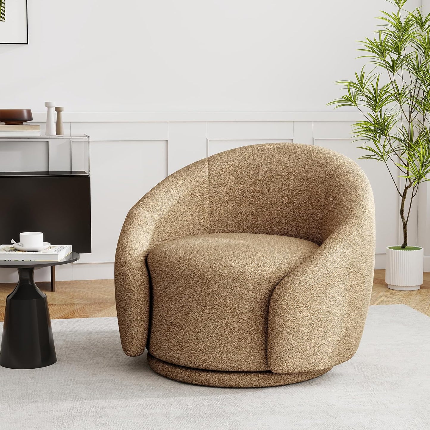 UIXE Swivel Accent Chair, Boucle Barrel Chair Upholstered Arm Chair for Living Room, Modern Round Club Chair with Turntable Base - White, Set of 1