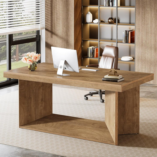 Tribesigns 63-Inch Executive Desk, Large Office Computer Desk with Heavy Duty Pedestal, Farmhouse Simple Workstations Writing Table for Home Office, Rustic Brown