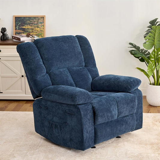 Velvet Rocker Recliner Chair for Adults, Rocker Recliner Nursing Single Sofa with Overstuffed Armrest and Backrest, Lazy Boy Recliner Chair with Side Pockets for Living Room, Medium, Blue