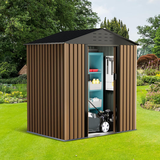 6 x 4 FT Storage Shed, Outdoor Metal Storage Shed, Metal Garden Tool Shed with Roof, Door & Lock, Waterproof and Anti-UV, for Patio Garden Yard, Brown