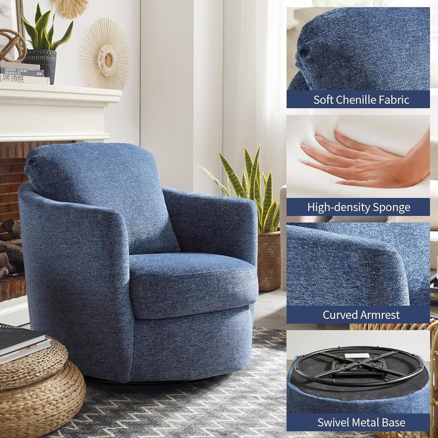 Art Leon Barrel Chair - Modern Chenille Upholstered Swivel Accent Chair, Round Chair Single Sofa Chair for Living Room Bedroom Lounge, Blue