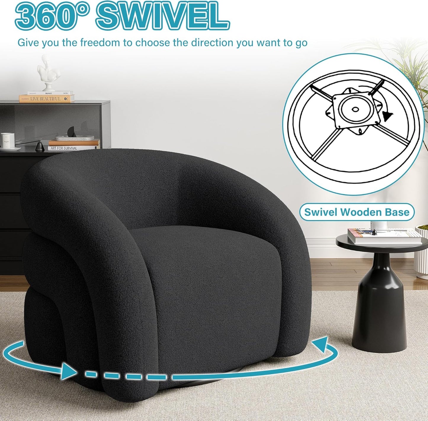 UIXE Swivel Barrel Accent Chair, Boucle Upholstered Arm Chair for Living Room, Modern Round Armchair Comfy Reading Sofa Seat with Solid Metal Base, Fully Assembled - Gray