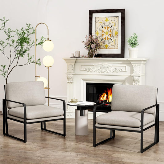 Andeworld Modern Accent Chair Set of 2, Mid Century Living Room Armchair,Upholstered Linen Sofa Side Chair with Metal Legs for Reading,Lounging,Bedroom Apartment, Light Grey 2