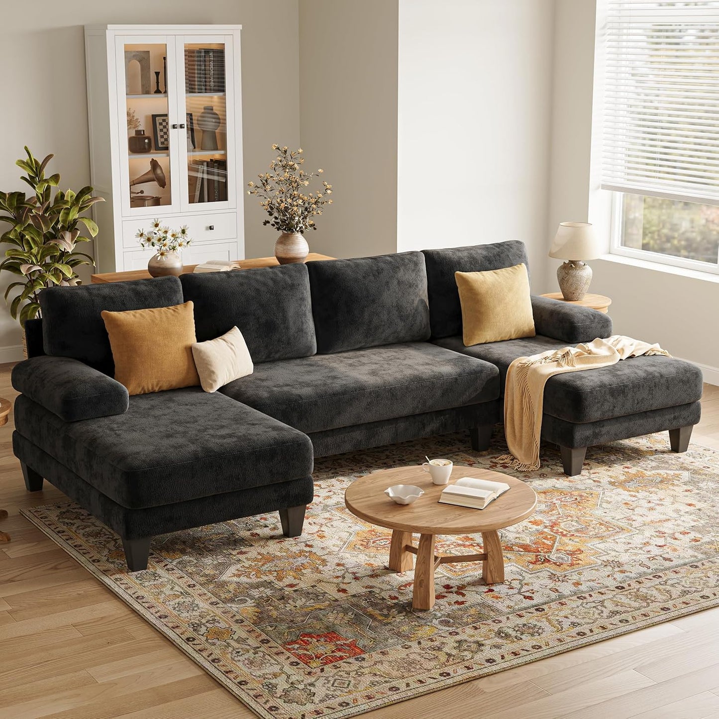U-Shaped Sectional Couches for Living Room | 112 Inch Sectionals Couch | Beige Cheille Sofa with Double Chaise for Apartment