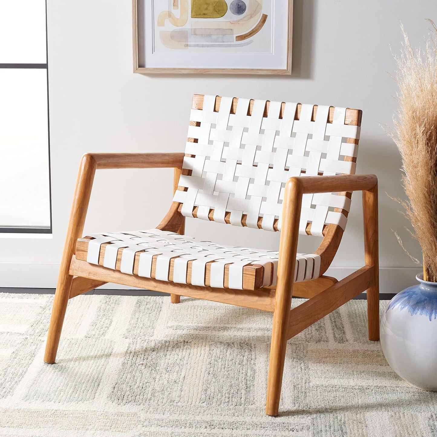 SAFAVIEH Home Collection Bellona White/Natural Leather Woven Accent Chair (Fully Assembled)