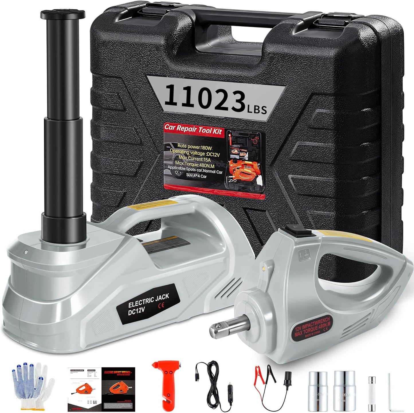 [EFN Clearance] Electric Car Jack Kit with Impact Wrench, 5 Ton/11023 LBS 12V Electric Hydraulic Jack with Lifting Range: 6.1~17.7in, Safety Hammer for Tesla SUV MPV Sedan Truck Tire Change (Gray)