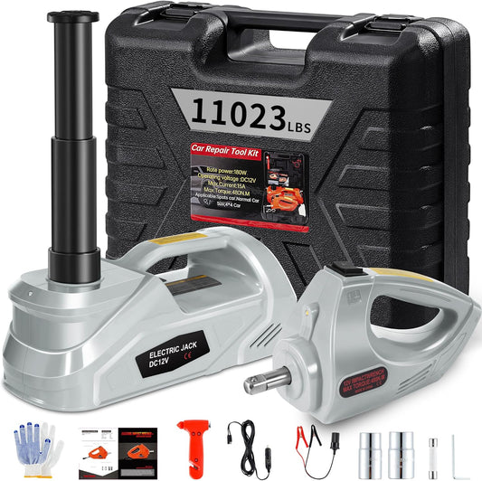 [EFN Clearance] Electric Car Jack Kit with Impact Wrench, 5 Ton/11023 LBS 12V Electric Hydraulic Jack with Lifting Range: 6.1~17.7in, Safety Hammer for Tesla SUV MPV Sedan Truck Tire Change (Gray)