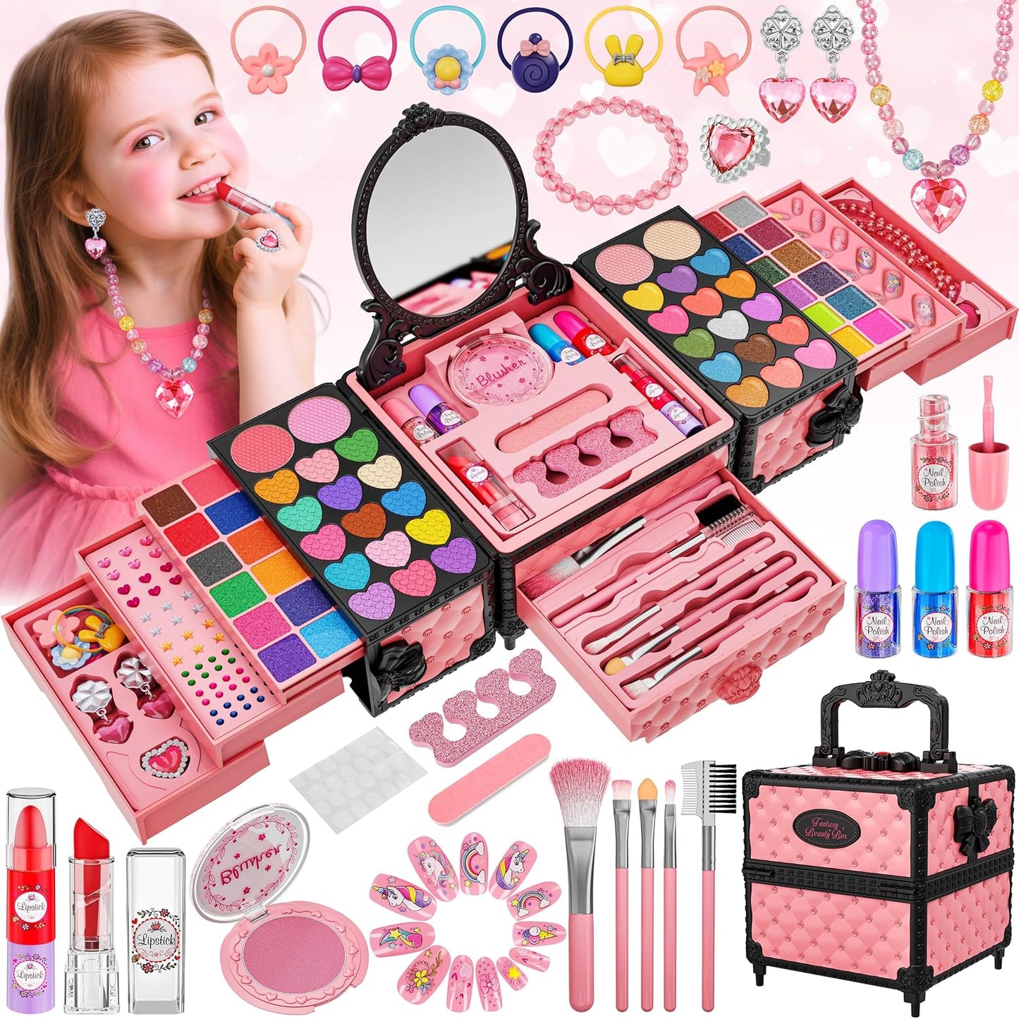 99 Pcs Kids Makeup Kit for Girls, Princess Toys Real Washable Cosmetics Set with Mirror, Hair Ties, Nails, Rings, Earrings, Necklace, Perfect for 3 4 5 6 7 8 Year Old Girls Birthday
