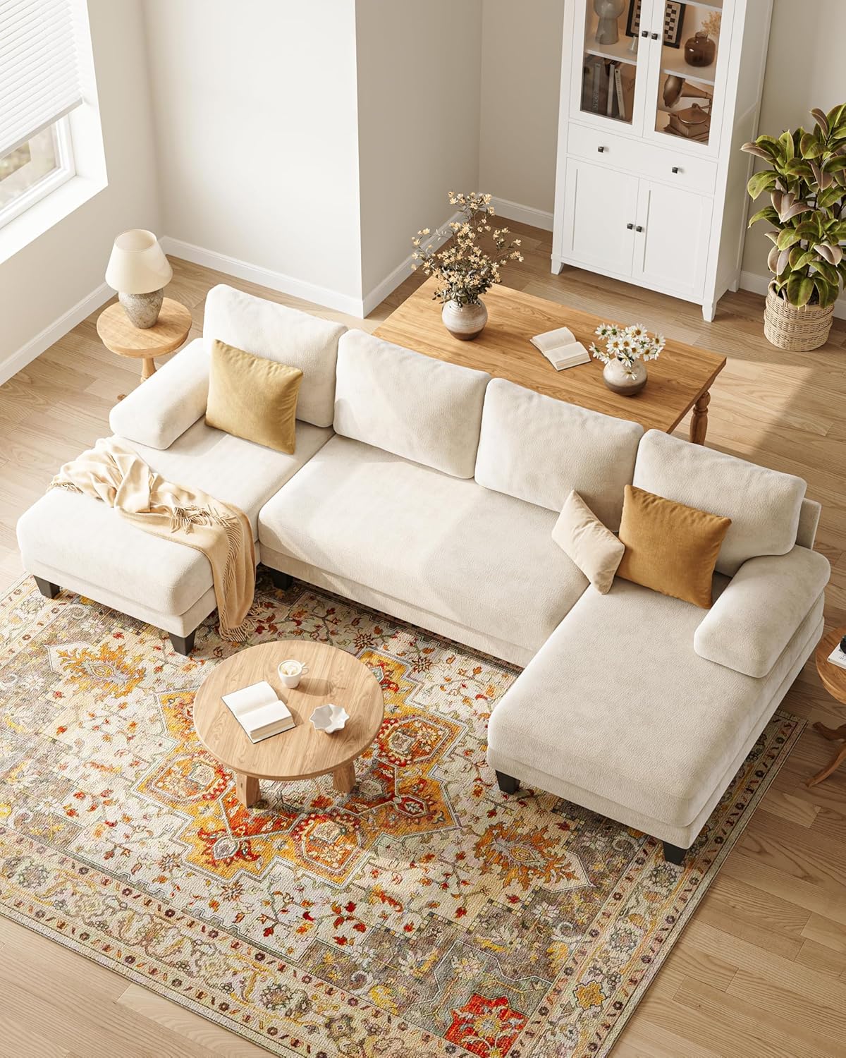 U-Shaped Sectional Couches for Living Room | 112 Inch Sectionals Couch | Beige Cheille Sofa with Double Chaise for Apartment