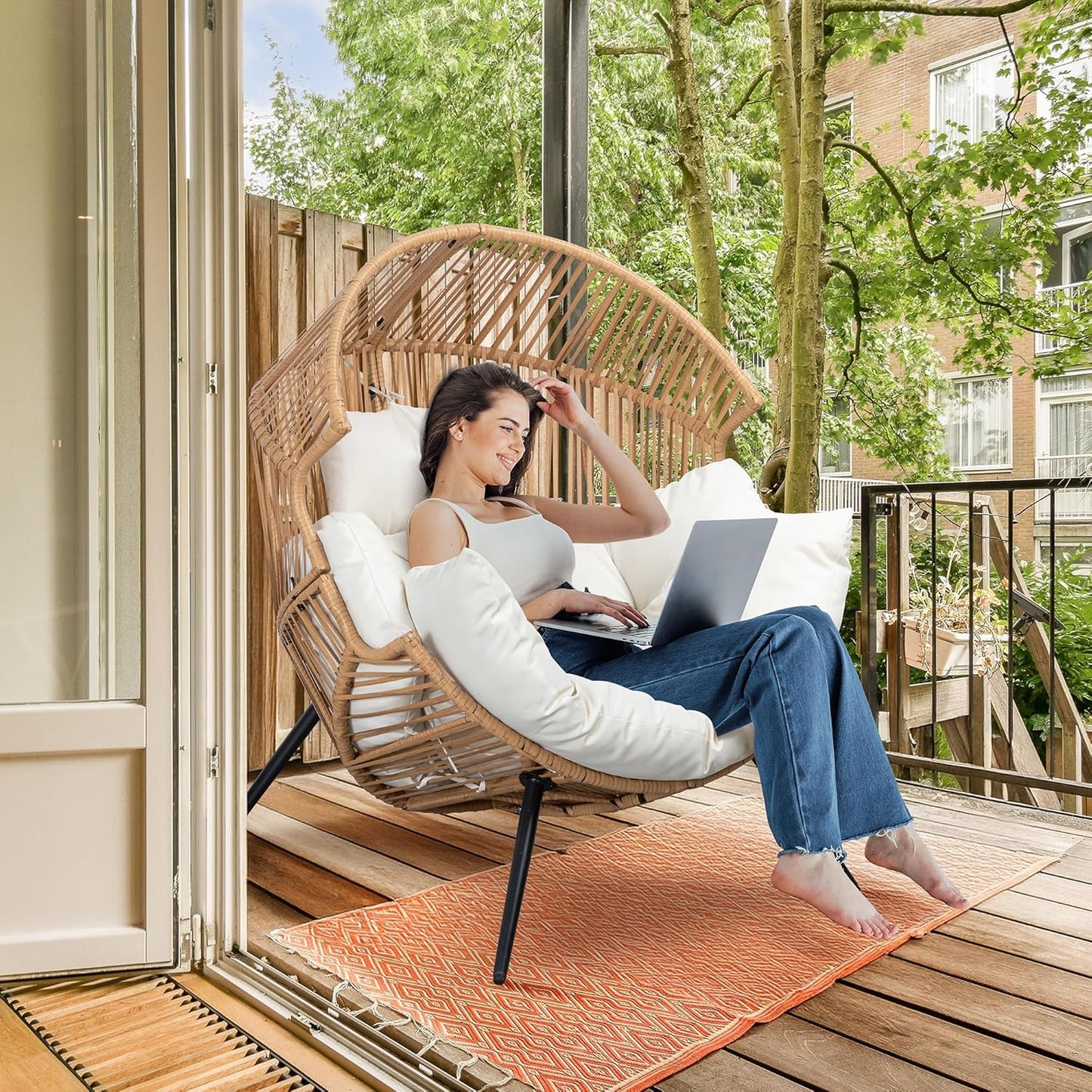 Shintenchi Wicker Egg Chair Outdoor Rattan Patio Chair with Cushion,Oversized Patio Lounge Chairs with Cushion Egg Basket Chair, Egg Seat for Indoor Living Room Bedroom Outside Patio Backyard Balcony