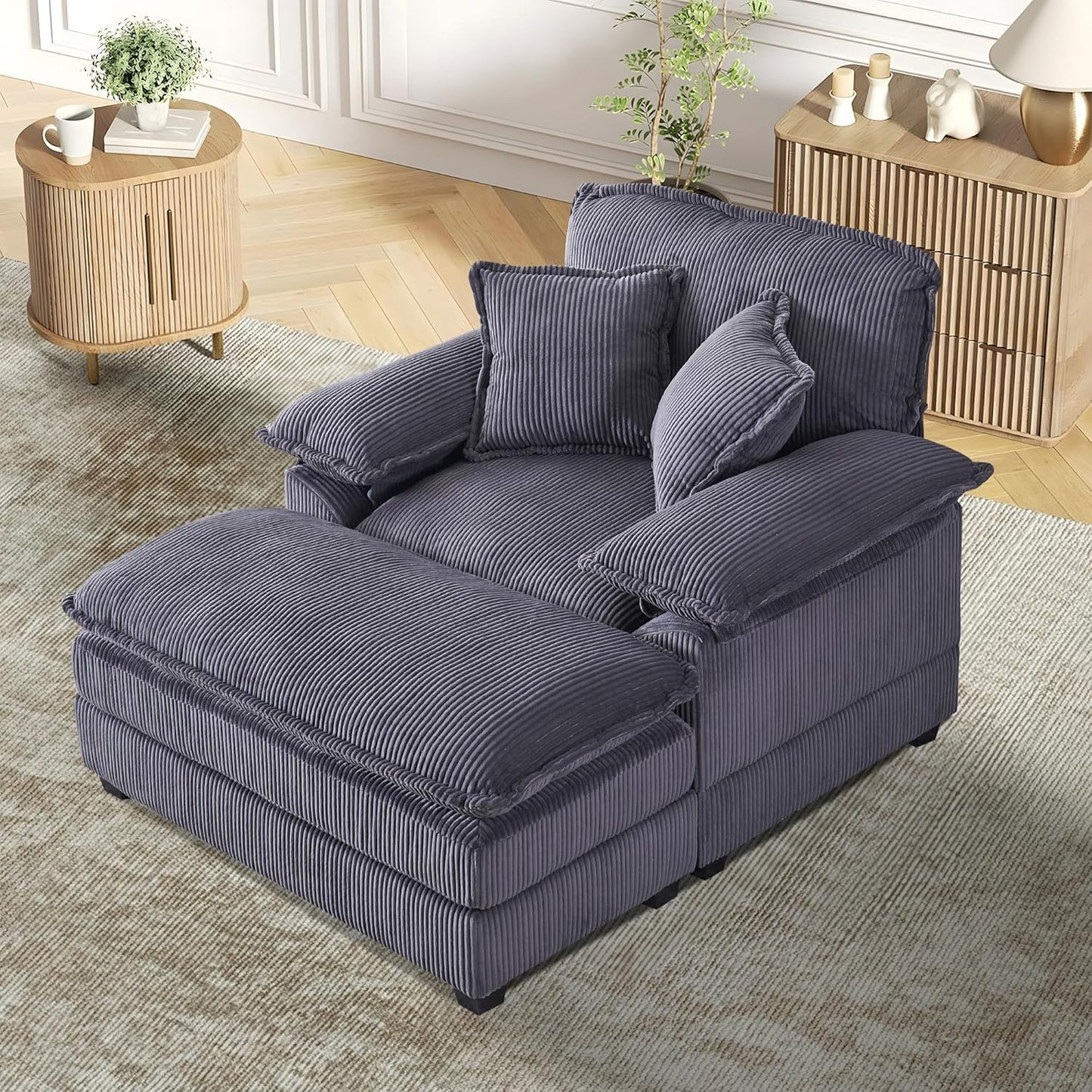TTK Oversized Corduroy Chaise Lounge Chair with Ottoman - 46.9" Wide Modern Sleeper Sofa for Living Room, Bedroom & Office - Deep Seat Sectional Couch with Pillow, Comfortable Reading Chair, Beige