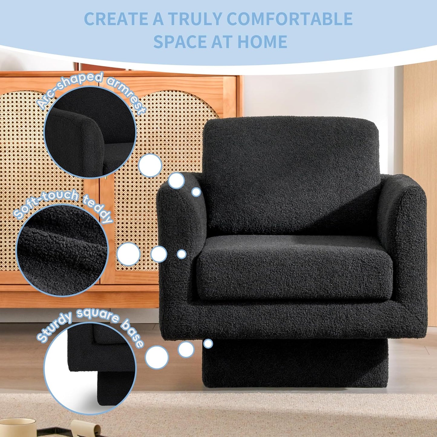 Christopher Knight Home Haven 360° Modern Swivel Accent Chair,Sherpa Boucle Fabric Armchair,Thick Padded Cushion Single Lounge Sofa,Upholstered Comfy Barrel Chair,Reading Club Chair,Living Room,Black
