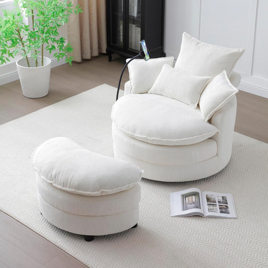 Swivel Barrel Chairs with Ottoman and Gooseneck Phone Holder, Upholstered Accent Swivel Chair with Storage Footrest for Living Room Bedroom Office Studio Ivory White