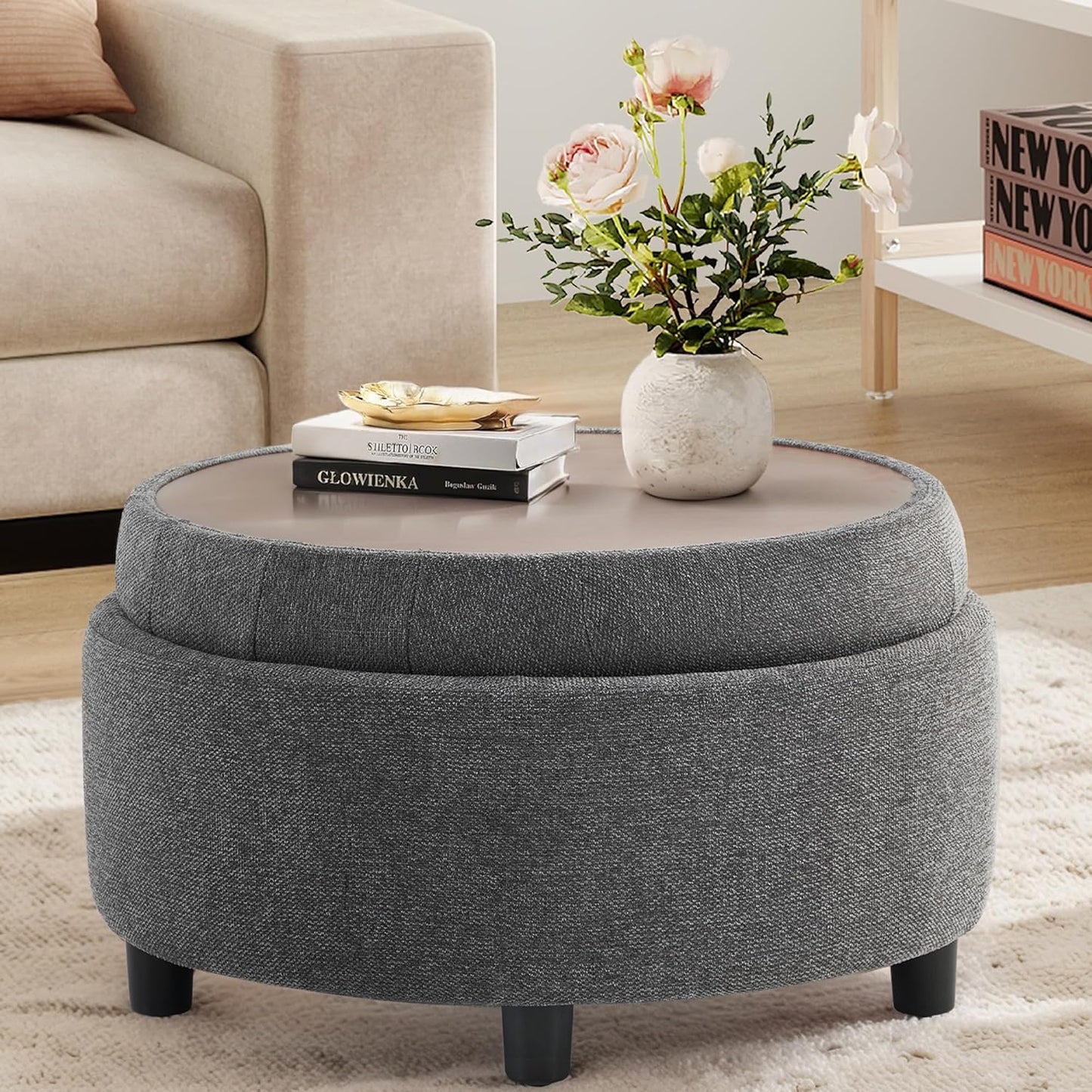 COLAMY Fabric Round Storage Ottoman with Reversible Tray Lid – Multi-Functional Footrest, Hidden Storage, Sturdy & Stylish Small Coffee Table for Living Room, Bedroom, or Entryway(Blue)