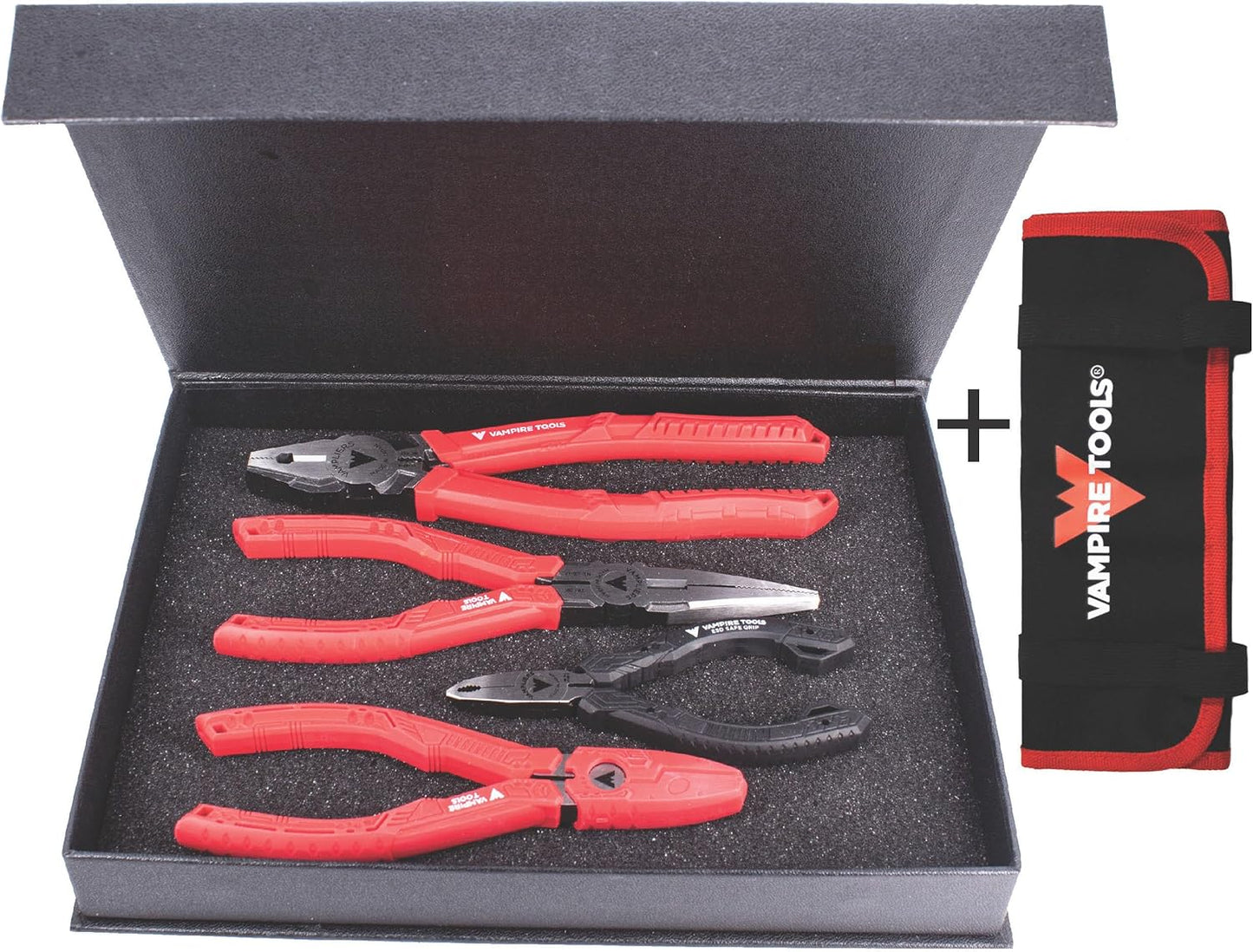 VAMPLIERS 4-PC Screw Extractor Pliers Set Made in Japan: 8" Linesman, 7.5" Long Nose, 6.25" Combination, 5" ESD Safe Mini Plier + Tool Pouch. Remove any Stripped/Damaged/Rusted Screws.
