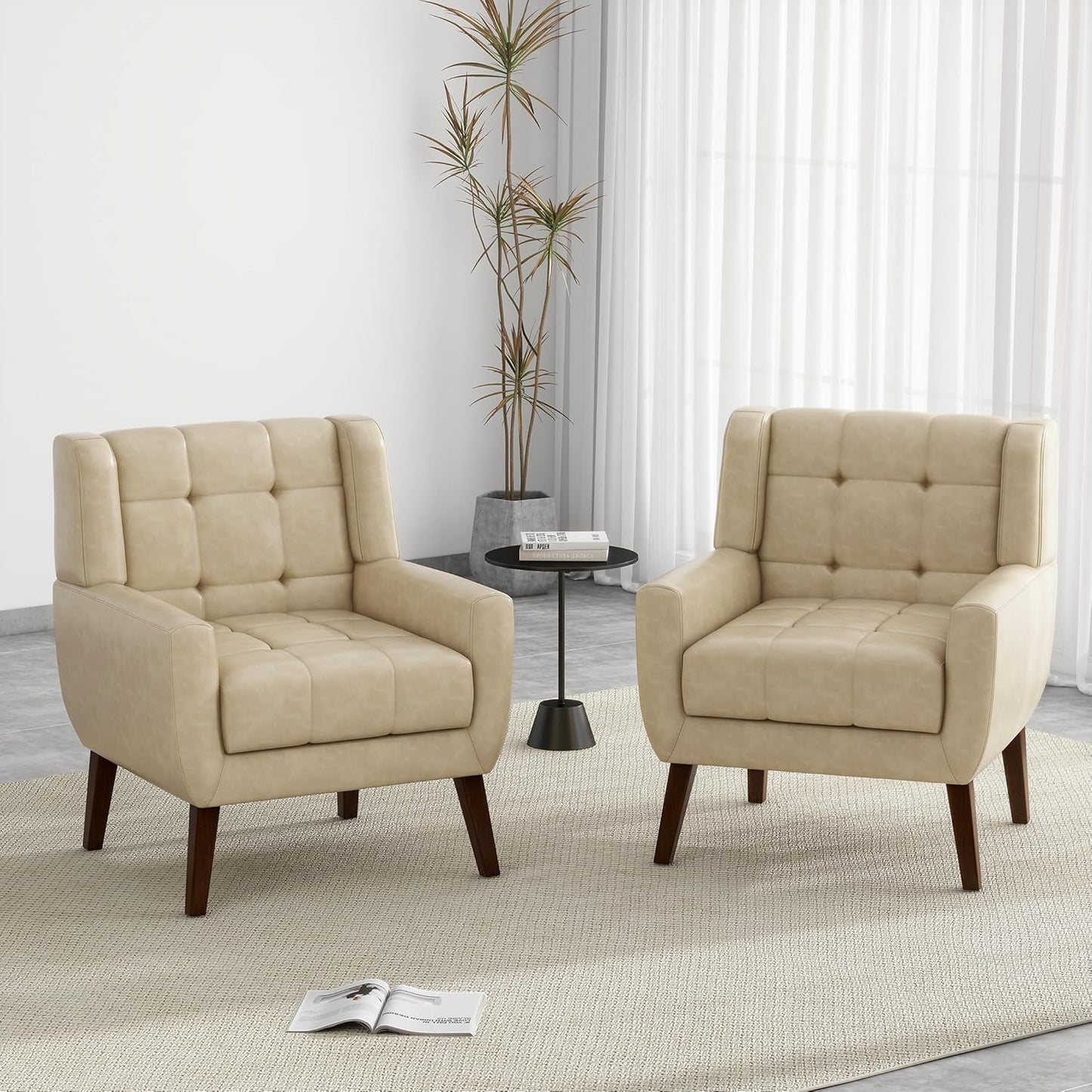 UIXE Accent Chairs Set of 2, Modern Upholstered Arm Chair in Fabric for Living Room, Comfy Armchair Single Sofa Seat with Solid Wooden Legs (Green)