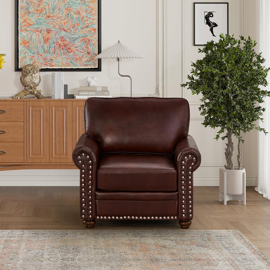 35" Faux Leather Pu Armchair Classic Vegan Leather Accent Chair Elegance Single Seat with Rolled Armrests Nailhead Trim Wood Legs Traditional Living Room 1 Seat-Burgundy