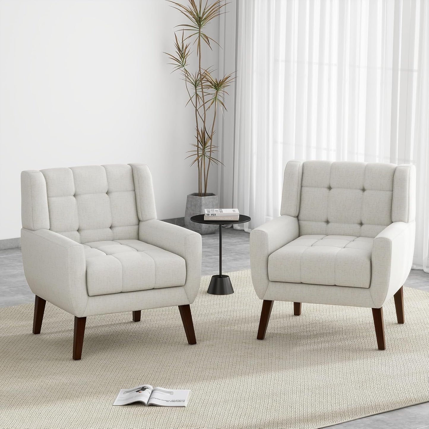UIXE Accent Chairs Set of 2, Modern Upholstered Arm Chair in Fabric for Living Room, Comfy Armchair Single Sofa Seat with Solid Wooden Legs (Green)