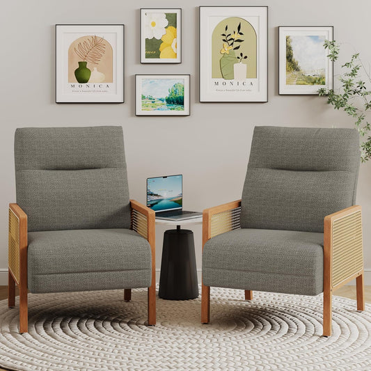 Alunaune Upholstered Natural Rattan Living Room Chairs Accent Chair Armchair Set of 2, Modern Slipper Club Chair Guest Reception Couch Comfy Single Sofa for Reading Bedroom-Taupe