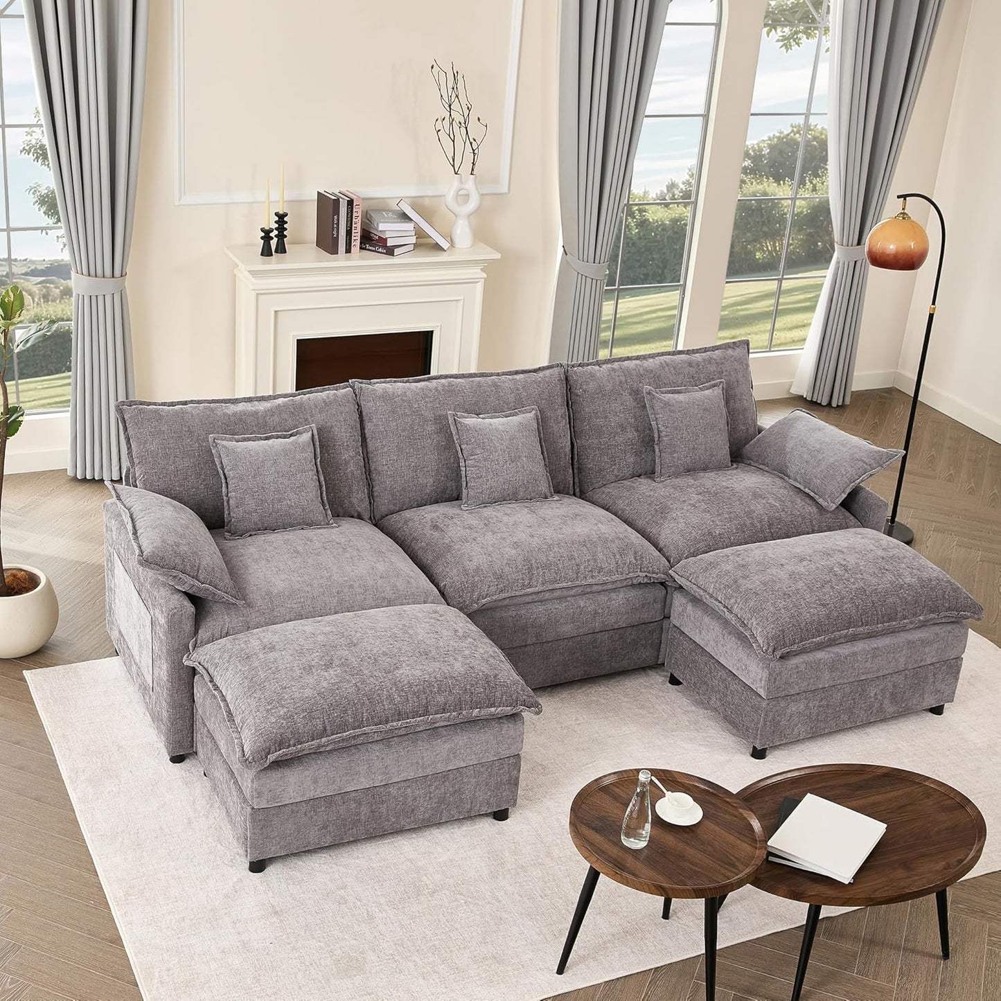 108" U Shaped Couch, Modular Sectional Sofa, 3-Seater Comfy Cloud Couch with Movable Ottoman, Deep Seat Couches for Living Room, Linen, Beige