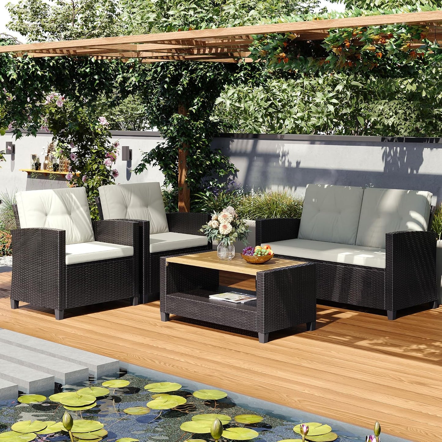 Wisteria Lane 4 Piece Patio Furniture Set, Wicker Outdoor Patio Conversation Furniture Set, All Weather Outdoor Patio Sofa with Cushion and Glass Table, Brown