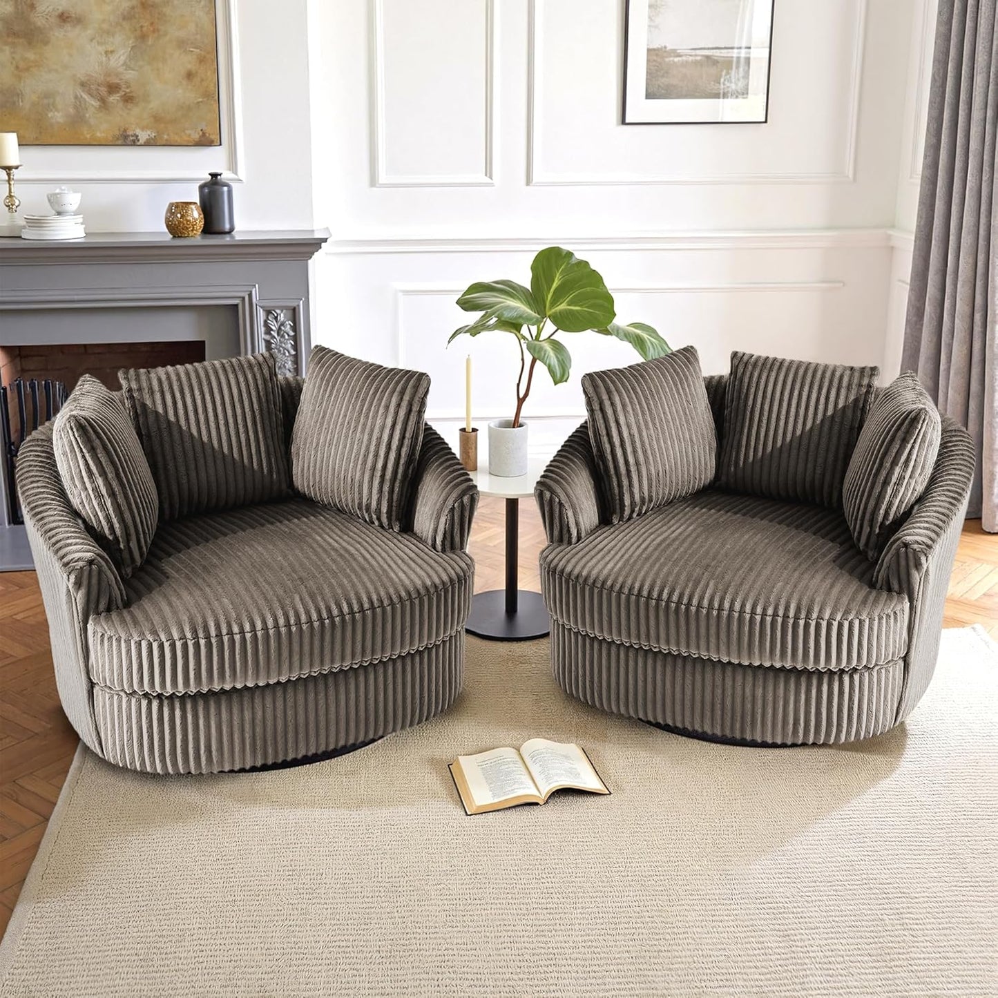 UIXE 43" W Oversized Swivel Accent Chair, Faux Fur Round Barrel Chair Comfy Upholstered Armchair for Living Room, Chaise Lounge Indoor Single Sofa Reading Seat - Dark Camel