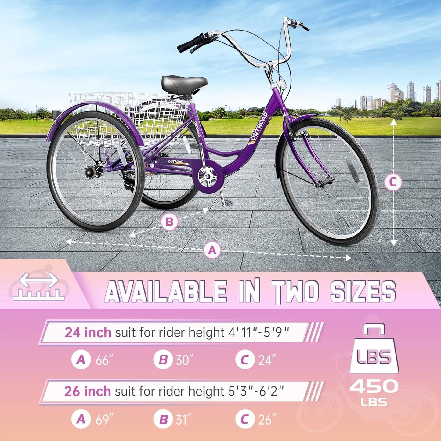 1/7 Speed Adult Tricycle, 24/26 Inch 3 Wheel Bikes with Large Basket, Cruiser Bike for Women/Men/Seniors, Adult Trike for Outdoor/Shopping/Recreation/Picnic