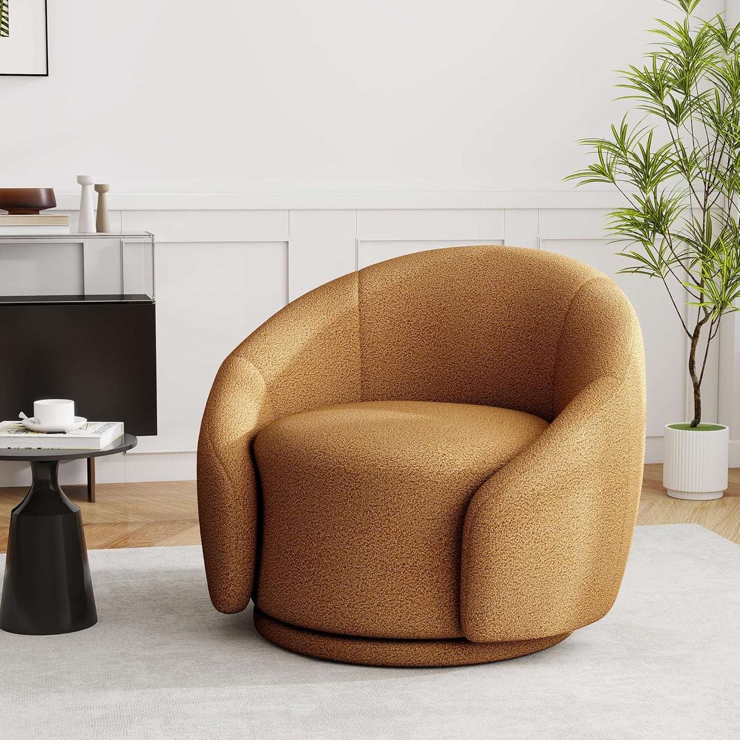 UIXE Swivel Accent Chair, Boucle Barrel Chair Upholstered Arm Chair for Living Room, Modern Round Club Chair with Turntable Base - White, Set of 1