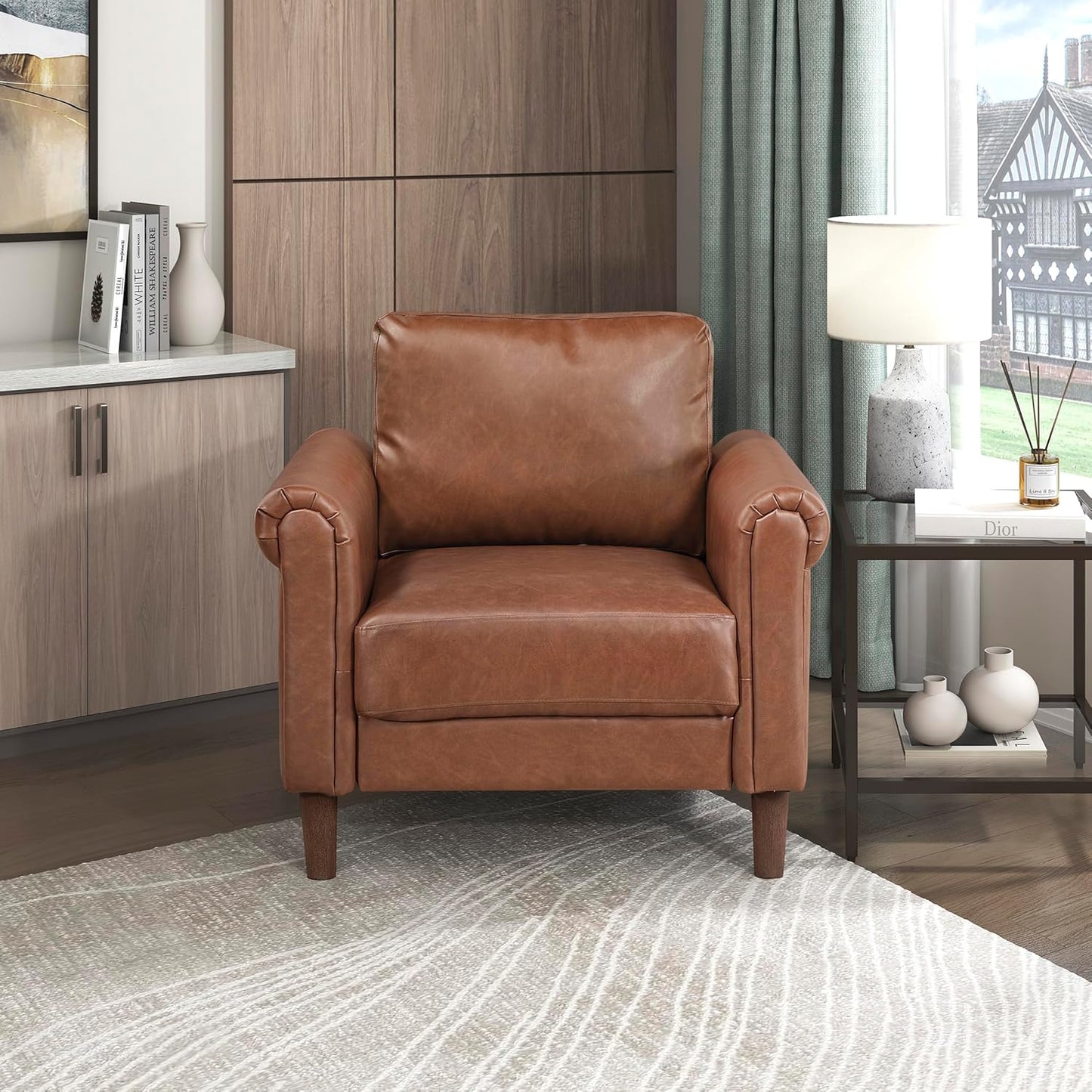 Lexicon 35" W Living Room Accent Chair, Faux Leather Upholstered Armchair with Rolled Arm for Bedroom/Office/Waiting Room, Single Sofa Chair, Chocolate