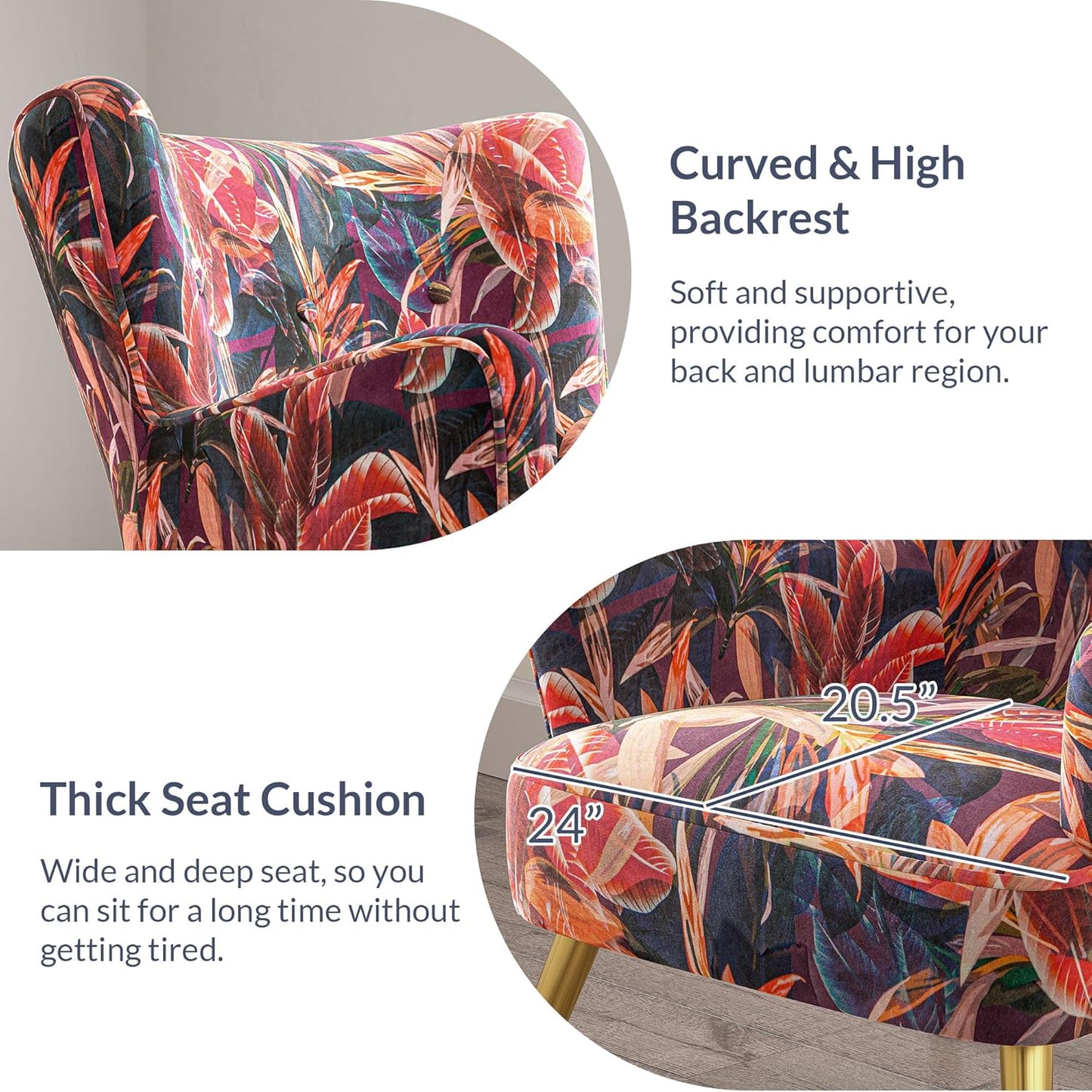 BELLEZE Modern Accent Chair, High Back Floral Pattern Armchair with Metal Legs, Upholstered Wingback Single Chair for Living Room Bedroom Office [Set of 2] - Holland (Red Floral)