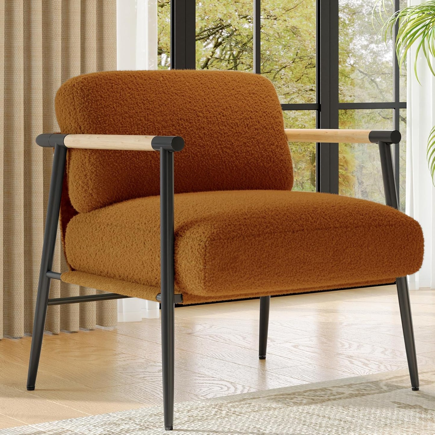 Brown Comfy Chair Set of 2, Modern Accent Chair with Metal Frame Wooden Armrest, Cozy Reading Chair with Soft Cushion for Bedroom, Living Room, Brown Set of 2